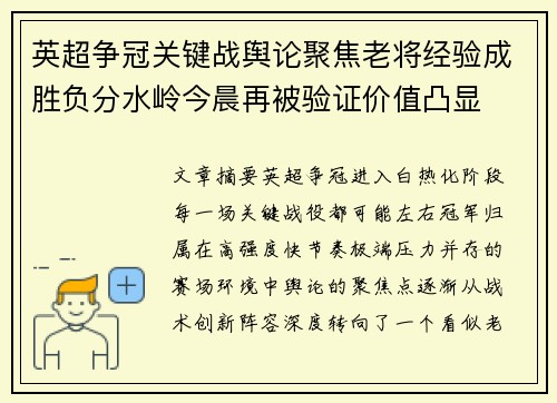 英超争冠关键战舆论聚焦老将经验成胜负分水岭今晨再被验证价值凸显